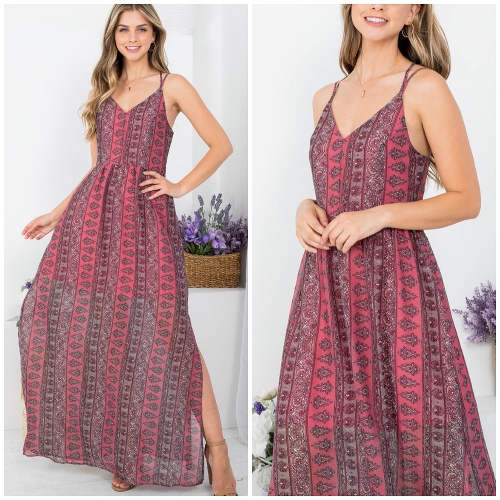 DOE & RAE Boho Chic Pink Cross Back Maxi Dress - Picture 4 of 9